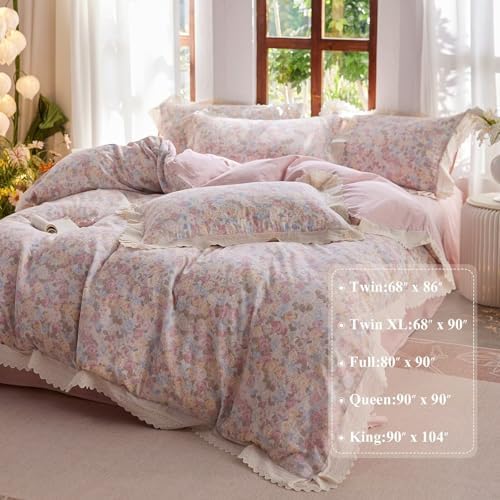 Floral Cotton Duvet Cover Queen Size 3 Pcs Set,90"×90" Bedding