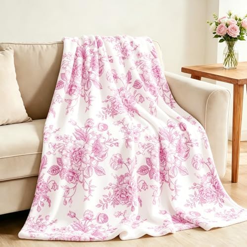 JarThenaAMCS Pink Floral Fuzzy Blanket Pink Flowers Throw Blanket Decorative Soft Cozy Flannel Blankets for Home Bed Sofa Couch Chair, 50 x 60 Inch