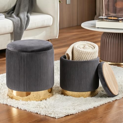 Round Ottoman with Storage Set of 2 Gray Velvet Vanity Stool