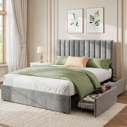 Welzona Full Size Upholstered Bed Frame with Headboard & 4 Drawers, Grey