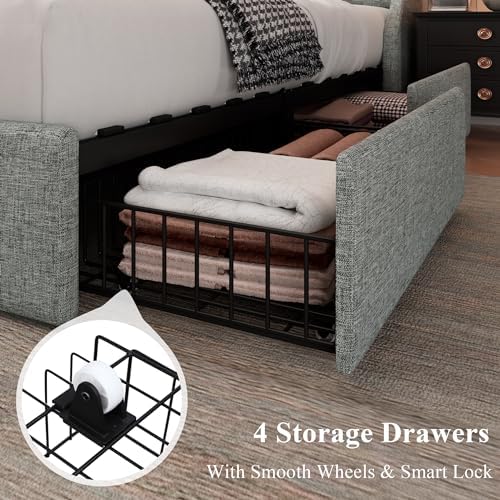 Feonase Queen Size Bed Frame with 4 Storage Drawers, Upholstered Storage Bed with Charging Station, Tufted Wingback Headboard, No Box Spring Needed, Light Grey, FEO737