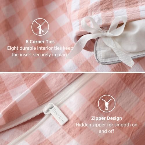 Bedsure Gingham Ruffle Duvet Cover Set, King, Cotton-Like Quilt Cover, Pink
