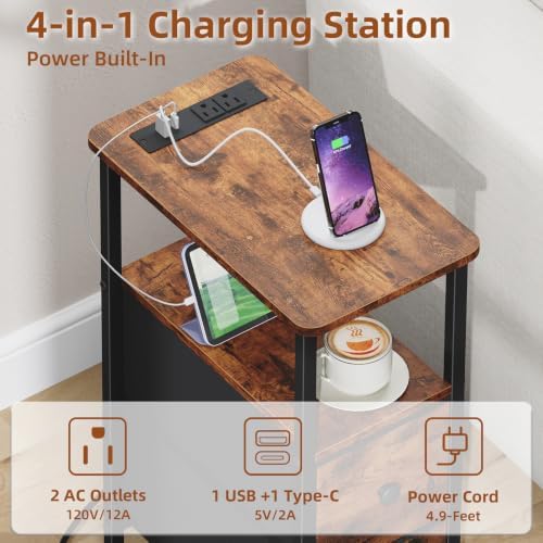 Somdot Narrow End Table with Charging Station, Side Table, 2 Drawers
