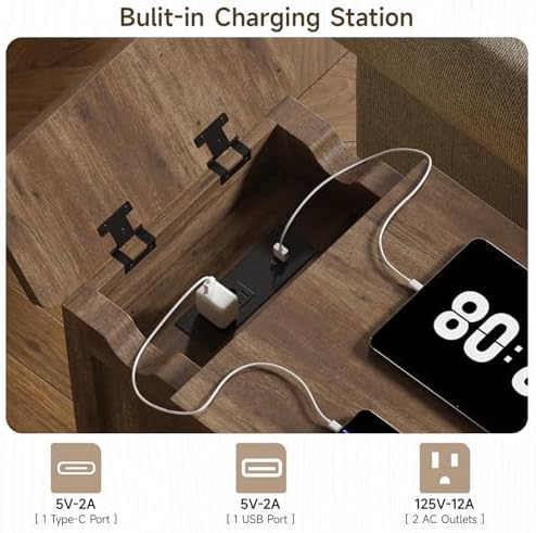 ONBRILL Rustic End Table with Charging Station, Narrow Side Table, Brown
