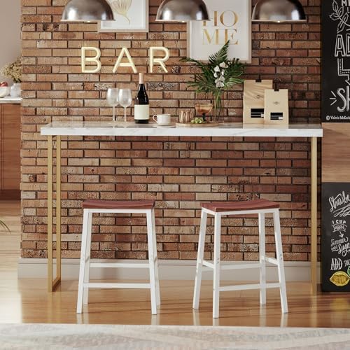 HOOBRO Bar Stools, Set of 2 Bar Chairs, 23.6 Inch Saddle Stools, Kitchen Counter Seat with Footrests, Industrial Barstools for Dining Room, Kitchen, Counter, Bar, Walnut and White HW02MD01