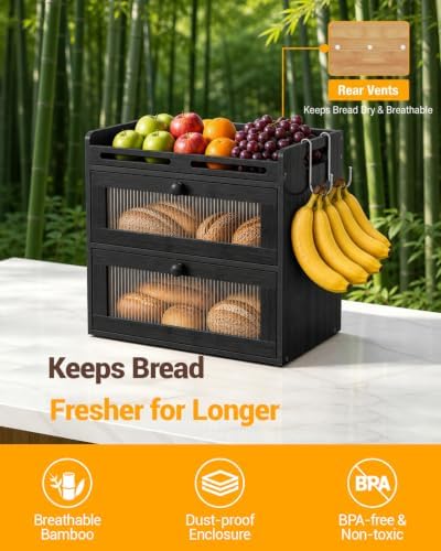 Bread Box for Kitchen Countertop, 2-Tier Bamboo Storage with Raised Shelf