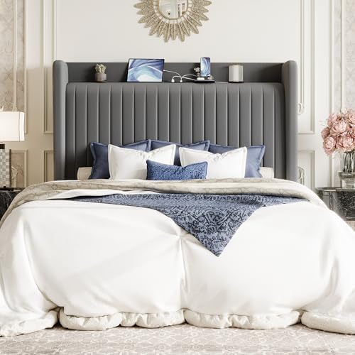SHA CERLIN Full Size Velvet Bed Frame with Shelf, Charging Station, Grey