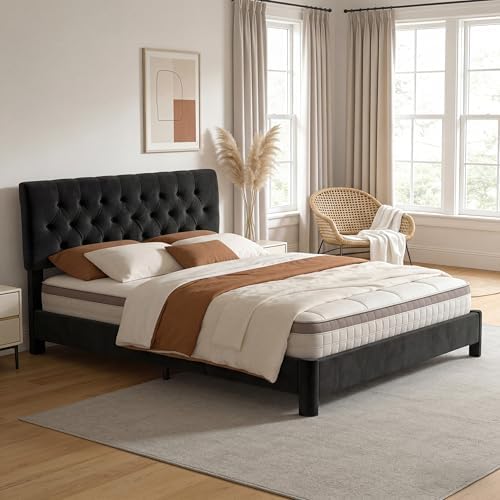 Queen Size Bed Frame with Headboard, Luxury Velvet Fabric Upholstered Bed frame with Button Tufted Design, Strong Wooden Slats Support - Low & Sturdy, Noise-Free, No Box Spring, Easy Assembly, Black