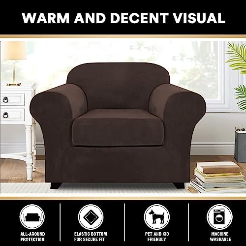 PrinceDeco Velvet Plush Couch Cover Stretch 2 Piece Chair Cover Chair Slipcover Washable Furniture Protector Couch Soft with Elastic Bottom Armchair Cover Width Up to 49 Inch(Small, Brown)