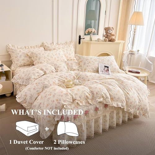 Floral Cotton Duvet Cover King Size 3 Pcs,100% Cotton Duvet Cover with 2 Pillowcases with Ruffles,Pink Rustic Aesthetic Breathable Soft Comfy Comforter Covers King 104"×90"