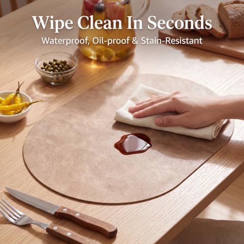 Oval Placemats Set of 12, Wipeable Faux Leather, Apricot