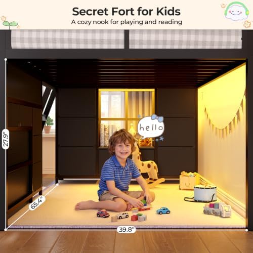 Low Loft Bed Twin Size with Desk, 12 Storage Drawers, Window, Black