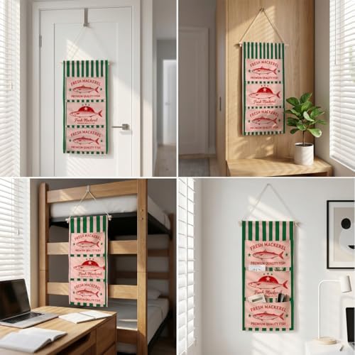IAXIC Canvas Wall Hanging Organizer with Pockets Fish Extender Hanging Pouch Vintage Mackerel Door Closet Organizers Fabric Storage Pockets Wall Decoration