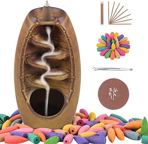 SPACEKEEPER Ceramic Backflow Incense Holder Waterfall Incense Burner,Brown