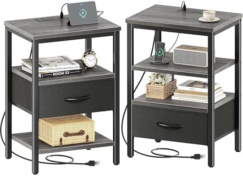 SUPERJARE Nightstand Set of 2 with Charging Station, USB-C Port, End Tables