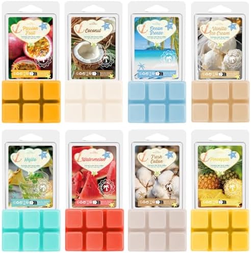 Summer Wax Melts Gift Set, Long Lasting Soy Scented Wax Cubes for Wax Warmers, Coconut, Pineapple, Watermelon, Mojito, Passion Fruit, Vanilla Ice Cream, Ocean Breeze, Fresh Cotton, 8x2.6 oz