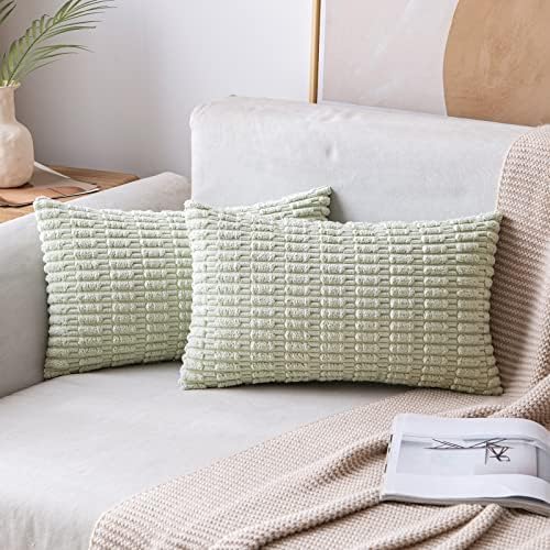 MIULEE Lumbar Corduroy Decorative Throw Pillow Covers 12x20 Light Green