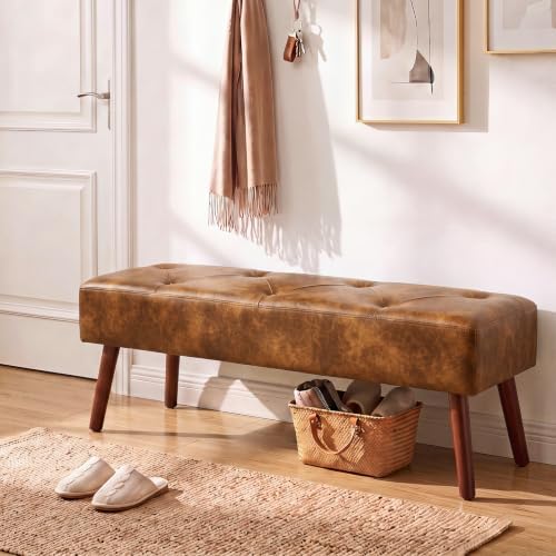 Furniliving 44 Inch Tufted Leather Bench, Leather Footrest Stool Bedroom Bench Seat, Upholstered Tufted Beathable Fabrics Ottoman Bench with X-Shaped Wood Legs for Kitchen, Solid Wood Indoor Bench
