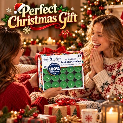 Green Tealight Candles 80 Pack, 4 Hour Unscented Tea Lights for Christmas