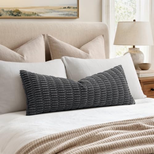 MIULEE Lumbar Corduroy Throw Pillow Cover for Bed 14x36 Dark Grey