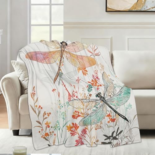 Fall Throw Blanket,Watercolor Dragonfly Throw Blanket for Couch Home Decor,Coloful Flowers Soft Plush Travel Blanket Lightweight,Cozy Throws for Couch,Bed,Naps,Reading60 X 80 Inch
