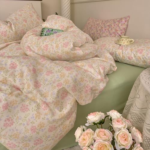 Floral Full Size Duvet Cover Set 100% Cotton Double Gauze Comforter Cover Full Size Soft Boho Cutecore Zipper Duvet Cover Set with Ties Aesthetic Girl Bedding Set Muslin Duvet Protector