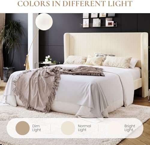 SHA CERLIN King Corduroy Platform Bed with Tufted Wingback Headboard, Cream