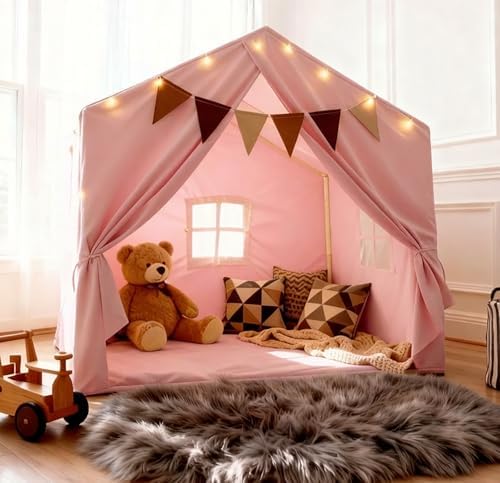 Kids Play Tent, Indoor Playhouse with Mat/Star Lights/Flag - Large 52"x35"x52" Play Tent for Kids, Reading Nook & Playroom Canopy for Boys and Girls (Pink)