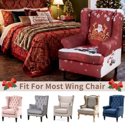 HAOYONG Christmas Stretch Wingback Chair Cover 2 Pieces Wing Chair Slipcover Printed Wingback Armhair Slipcover Wingback Washable Sofa Covers Christmas Decoration Furniture Protector for Armchair