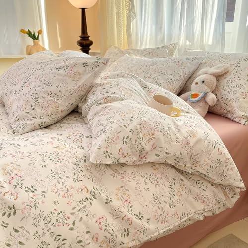 Full Size Floral Duvet Cover Set 3 Pcs 100 Cotton,1 Pink Full Duvet Cover with 2 Pillowcases,Bedding Set with Zipper,Soft Comfy Breathable Quilt Covers for Teen Girls Women 80"×90"