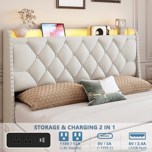 Queen Size Bed Frame with 4 Drawers and Storage Headboard, Upholstered Button Tufted Platform Bed Queen with Led Lights and Charging Station, No Box Spring Needed, Easy Assembly, Noise Free, Beige
