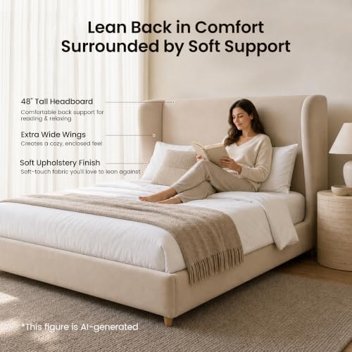 ModernMate Queen Upholstered Platform Bed Frame, Wingback Headboard, Beige