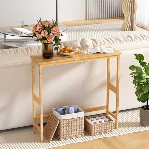 VASMIA Console Table, Small Entryway Table, Narrow Bamboo Sofa Table, for Entryway, Living Room, Foyer, Natural