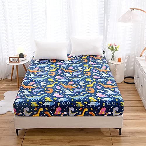2 Pack Bedding Fitted Sheet with Deep Pocket,Dino Printed Fabric Bed Sheets(Navy Blue(Dinosaur),Twin Pack of 2)