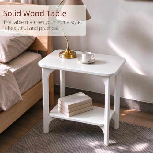 Solid Wood White Side Table for Living Room, Bedroom