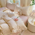 Pink Floral Duvet Cover Set 3 Pcs,100% Cotton Twin Size Duvet Cover with 2 Pillowcases,Aesthetic Rustic Cute Bedding Set with Ruffles for Teen Girls,Comforter Cover with Ties 68"×86"