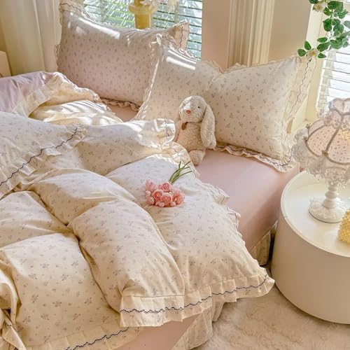 Pink Floral Duvet Cover Set 3 Pcs,100% Cotton Twin Size Duvet Cover with 2 Pillowcases,Aesthetic Rustic Cute Bedding Set with Ruffles for Teen Girls,Comforter Cover with Ties 68"×86"