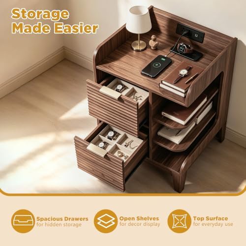 Nightstand with Charging Station, Fluted Night Stand Set of 2