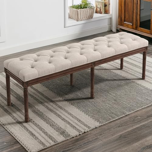 LUE BONA 60" Fabric End of Bed Bench, Upholstered Tufted French Bedroom Bench with Carved Dark Brown Legs for Bedroom End of King Size Bed, Living Room, Linen
