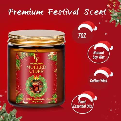 Christmas Candle, Mulled Cider Scented Candles for Home, Holiday Candles Natural Soy Candle, Aromatherapy Candle 7 oz Jar Candles Christmas Gift for Women Men