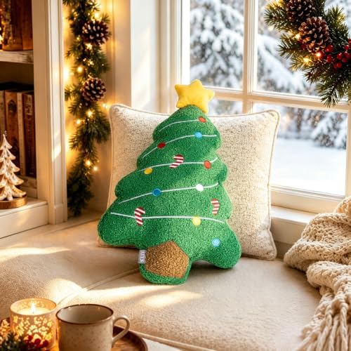 AELS Christmas Tree Throw Pillow with Star Topper, 15.7" Green