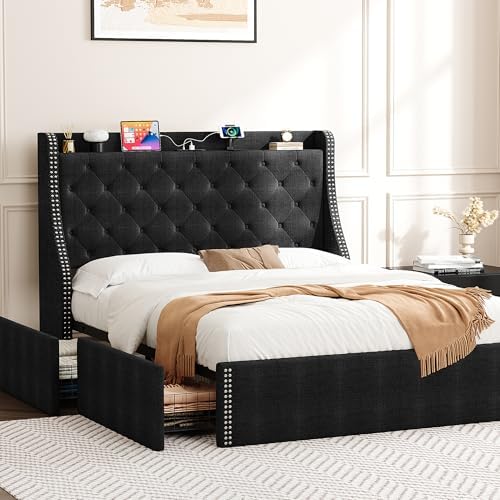 Upholstered Queen Bed Frame with 4 Storage Drawers, Wingback Headboard with Charging Station, Diamond Stitched Button Tufted Design, No Box Spring Needed, Black