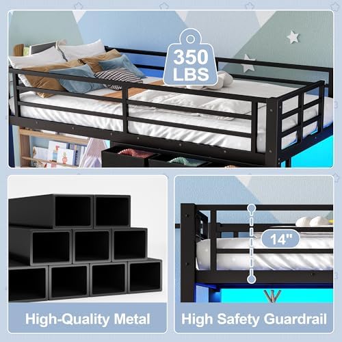 Bellemave Low Loft Bed Twin Size with Storage Stairs and Drawers, Metal Twin Loft Bed for Kids with LED Lights and Shelves, Low Profile Loft Bed Frame for Small Rooms, No Box Spring Needed, Black