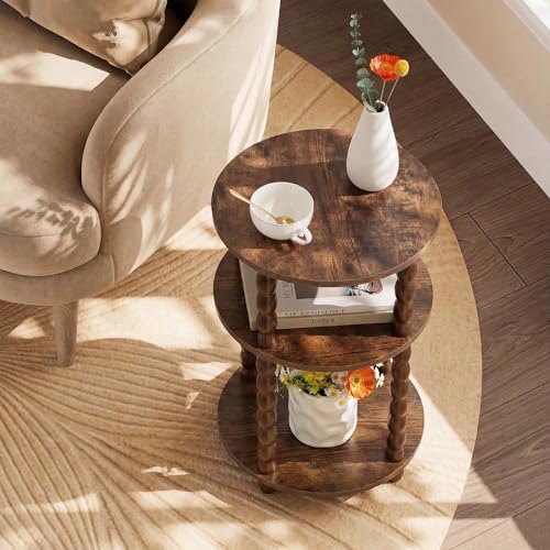 3-Tier Round Side Table, Small End Table with Solid Wood Spindle Legs Brown