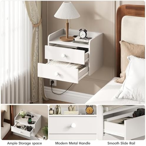 Floating Nightstand Set of 2 with 2 Storage Drawers and Charging Station
