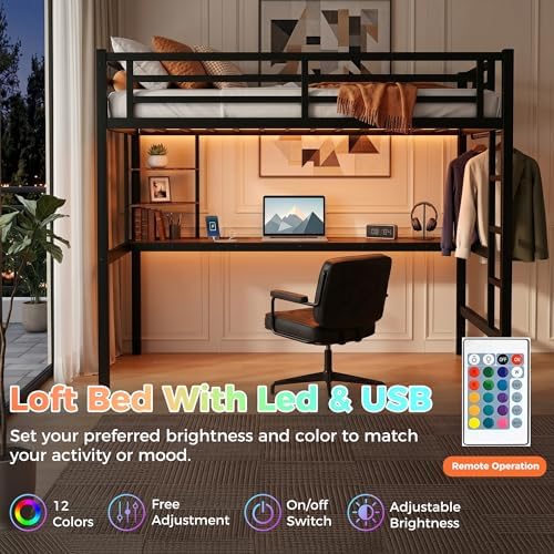 Twin Loft Bed with Desk, USB Charging Station, LED Light and 2 Storage Shelves, Metal Heavy Duty Loft Bed Twin Size for Adults, Teens, No Box Spring Needed, Black