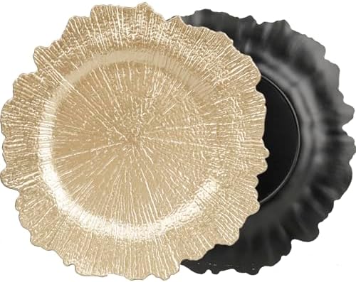 WUWEOT 12 Pack Gold Charger Plates, 12.7" Round Plastic Reef Plate Chargers with Flora Reef Design for Wedding Dinner Party Decoration