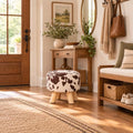 Small Round Ottoman Foot Stool, 10.4" H Footrest for Under Desk & Mini Spaces, Upholstered Linen Fabric Accent Stool for Living Room & Bedroom, Brown Cow