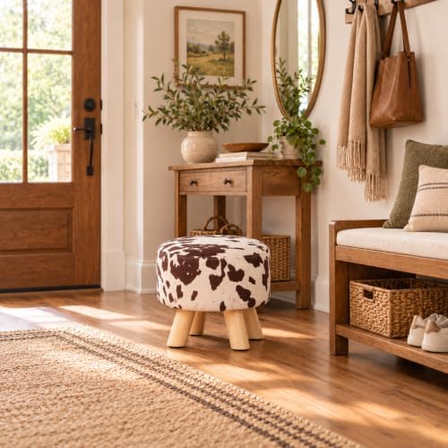 Small Round Ottoman Foot Stool, 10.4" H Footrest for Under Desk & Mini Spaces, Upholstered Linen Fabric Accent Stool for Living Room & Bedroom, Brown Cow