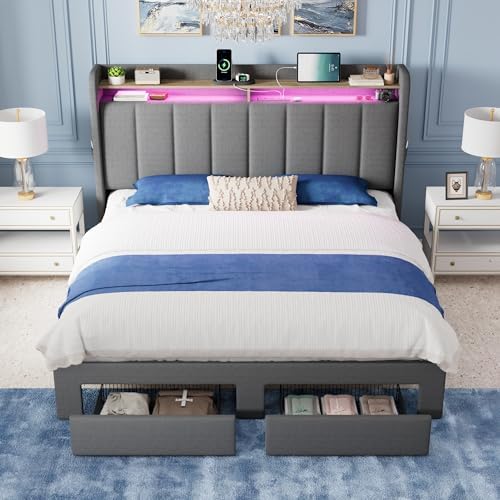 Allewie Queen Bed Frame with 2-Tier Storage Headboard & 2 Large Drawers
